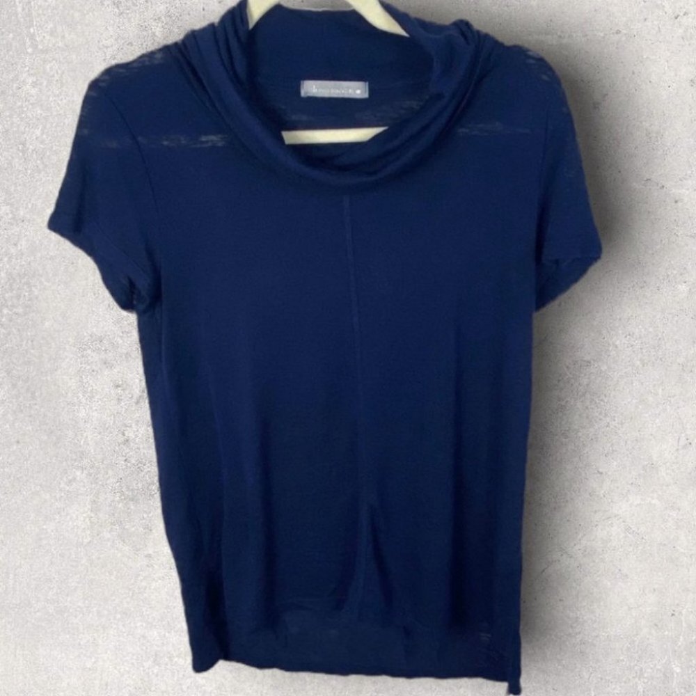 Olivia Moon Short Sleeve Cowl Neck Top Blue Size Small Lightweight Knit Navy S